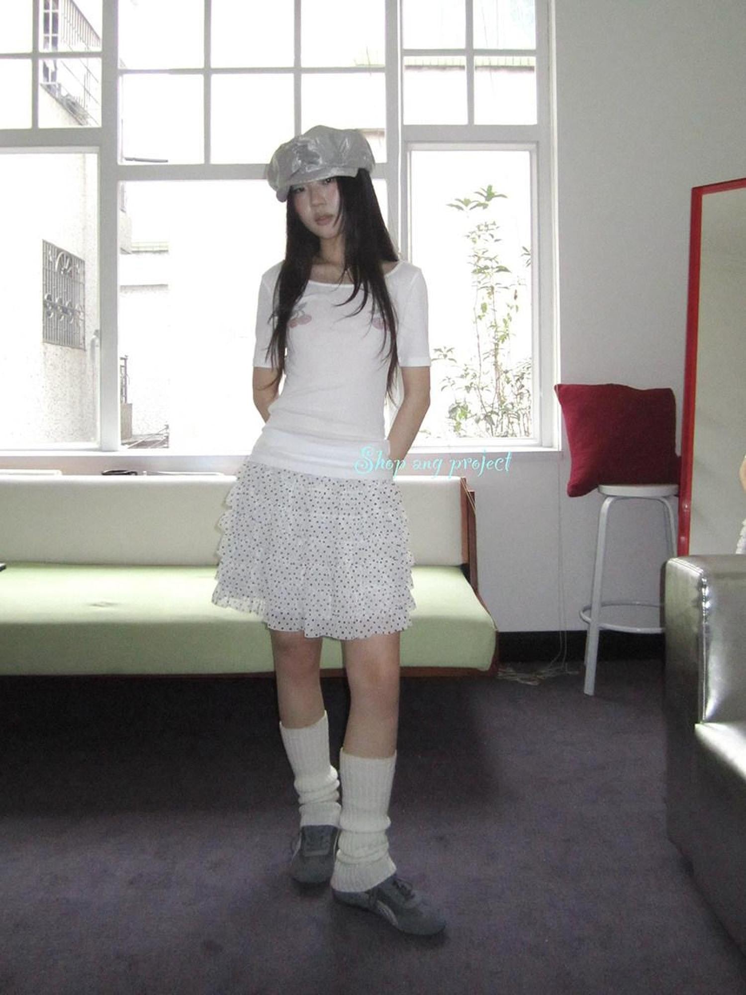 ang project Polka Dot Ruffle Spliced Elastic Waist Cake Women&