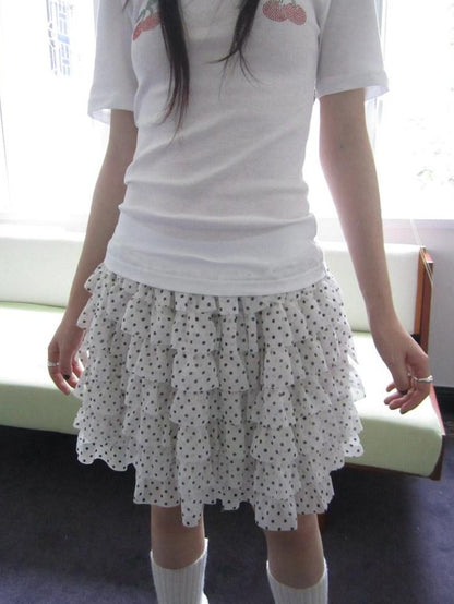 ang project Polka Dot Ruffle Spliced Elastic Waist Cake Women&