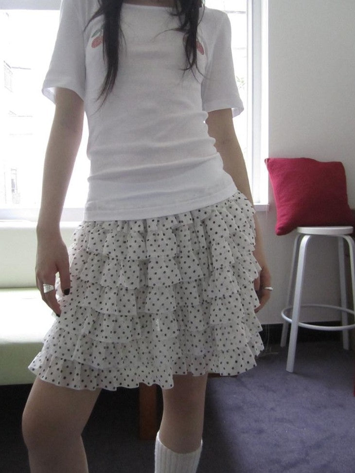 ang project Polka Dot Ruffle Spliced Elastic Waist Cake Women&