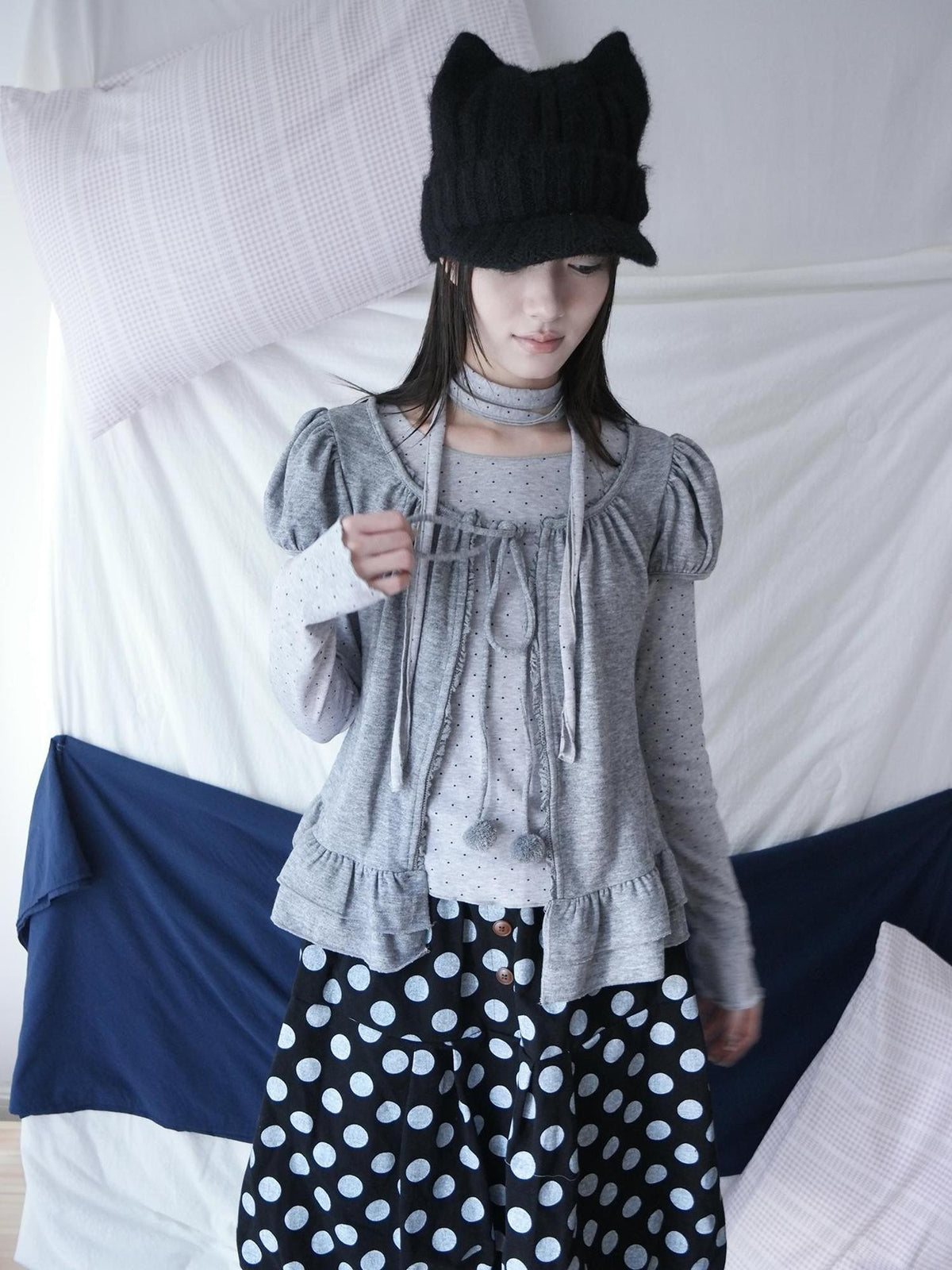 ang project Polka Dot Ruffle Tie Puff Sleeve Round Neck Women&