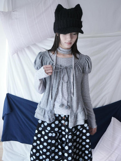 ang project Polka Dot Ruffle Tie Puff Sleeve Round Neck Women&