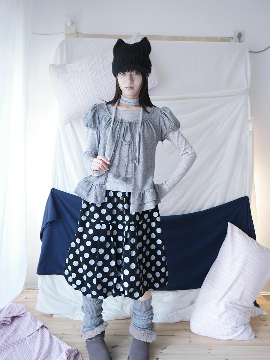 ang project Polka Dot Ruffle Tie Puff Sleeve Round Neck Women&