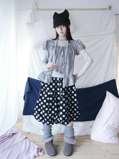 ang project Polka Dot Ruffle Tie Puff Sleeve Round Neck Women&