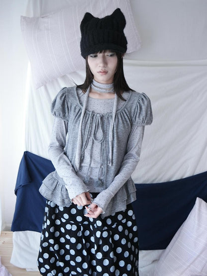 ang project Polka Dot Ruffle Tie Puff Sleeve Round Neck Women&