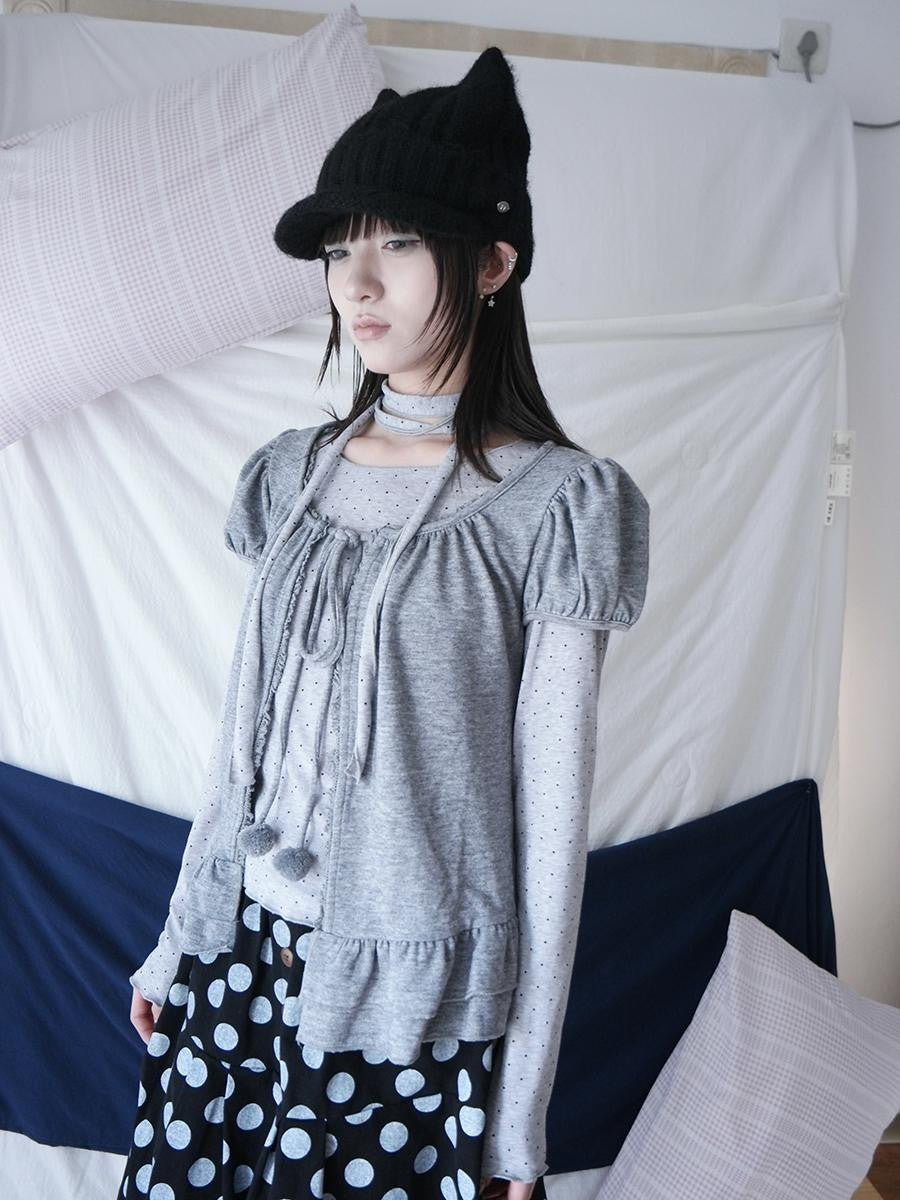 ang project Polka Dot Ruffle Tie Puff Sleeve Round Neck Women&