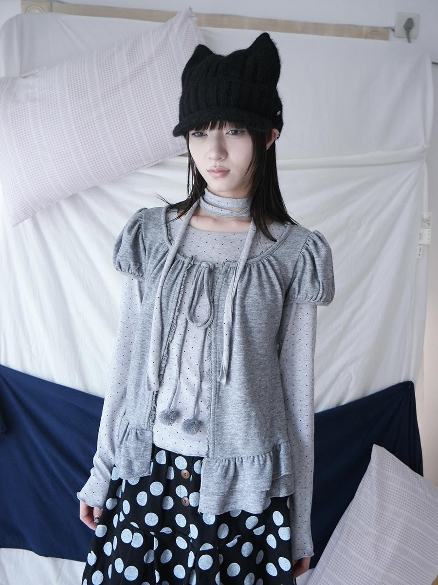 ang project Polka Dot Ruffle Tie Puff Sleeve Round Neck Women&