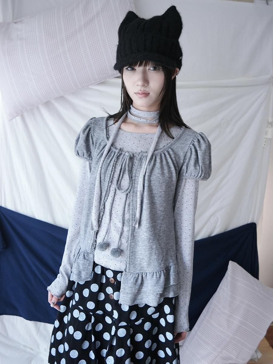 ang project Polka Dot Ruffle Tie Puff Sleeve Round Neck Women&