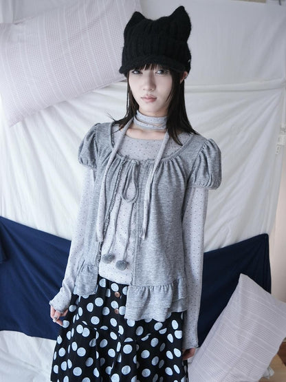 ang project Polka Dot Ruffle Tie Puff Sleeve Round Neck Women&