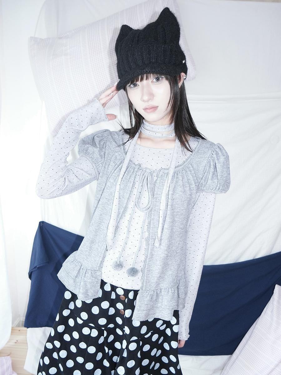ang project Polka Dot Ruffle Tie Puff Sleeve Round Neck Women&