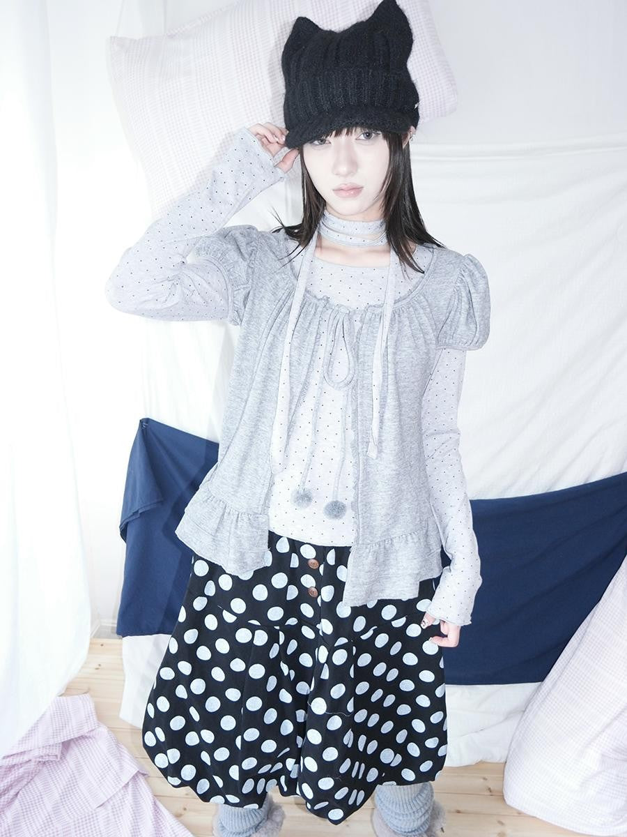 ang project Polka Dot Ruffle Tie Puff Sleeve Round Neck Women&