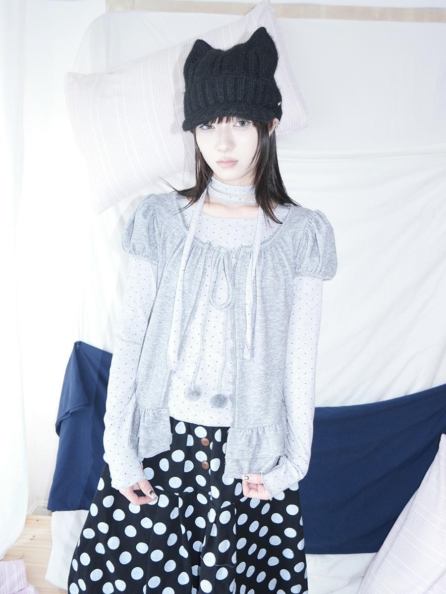 ang project Polka Dot Ruffle Tie Puff Sleeve Round Neck Women&