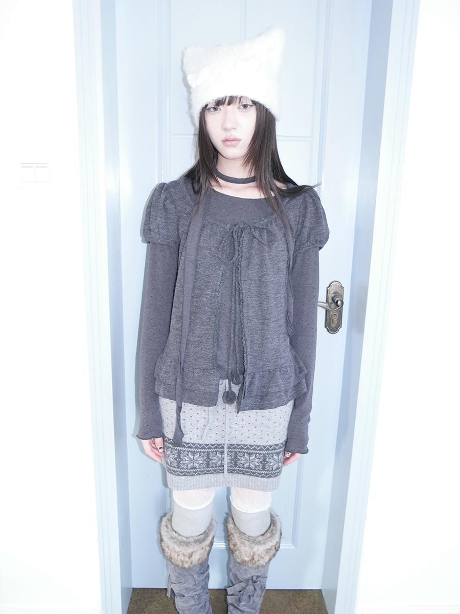 ang project Polka Dot Ruffle Tie Puff Sleeve Round Neck Women&