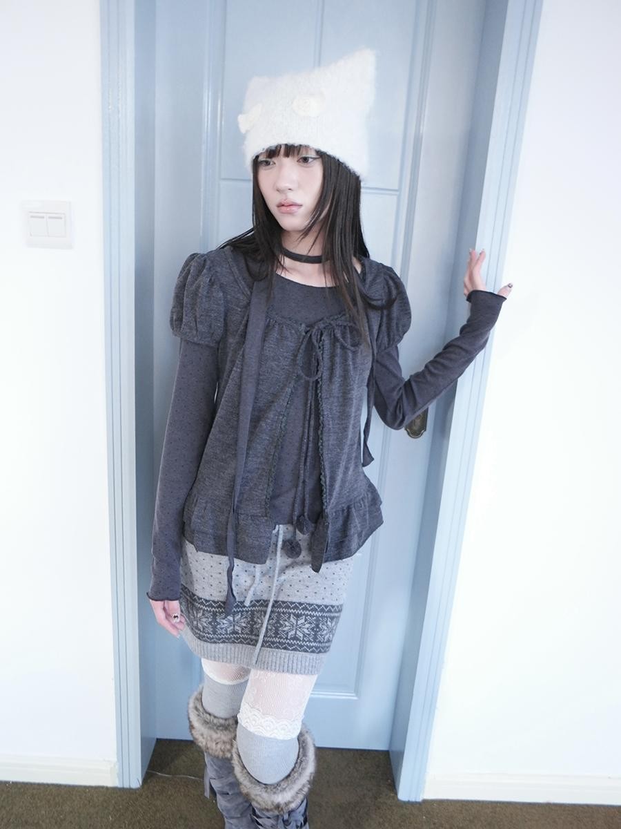ang project Polka Dot Ruffle Tie Puff Sleeve Round Neck Women&