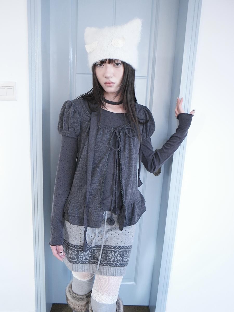 ang project Polka Dot Ruffle Tie Puff Sleeve Round Neck Women&