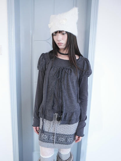 ang project Polka Dot Ruffle Tie Puff Sleeve Round Neck Women&