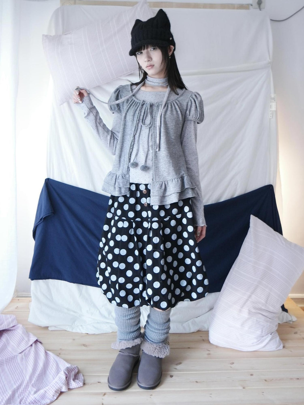ang project Polka Dot Ruffle Tie Puff Sleeve Round Neck Women&