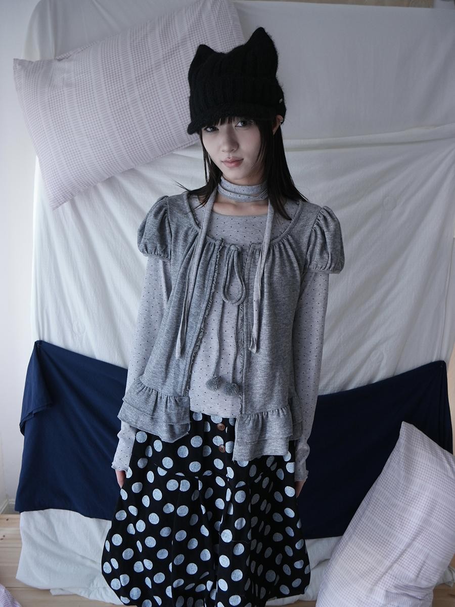 ang project Polka Dot Ruffle Tie Puff Sleeve Round Neck Women&