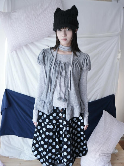 ang project Polka Dot Ruffle Tie Puff Sleeve Round Neck Women&