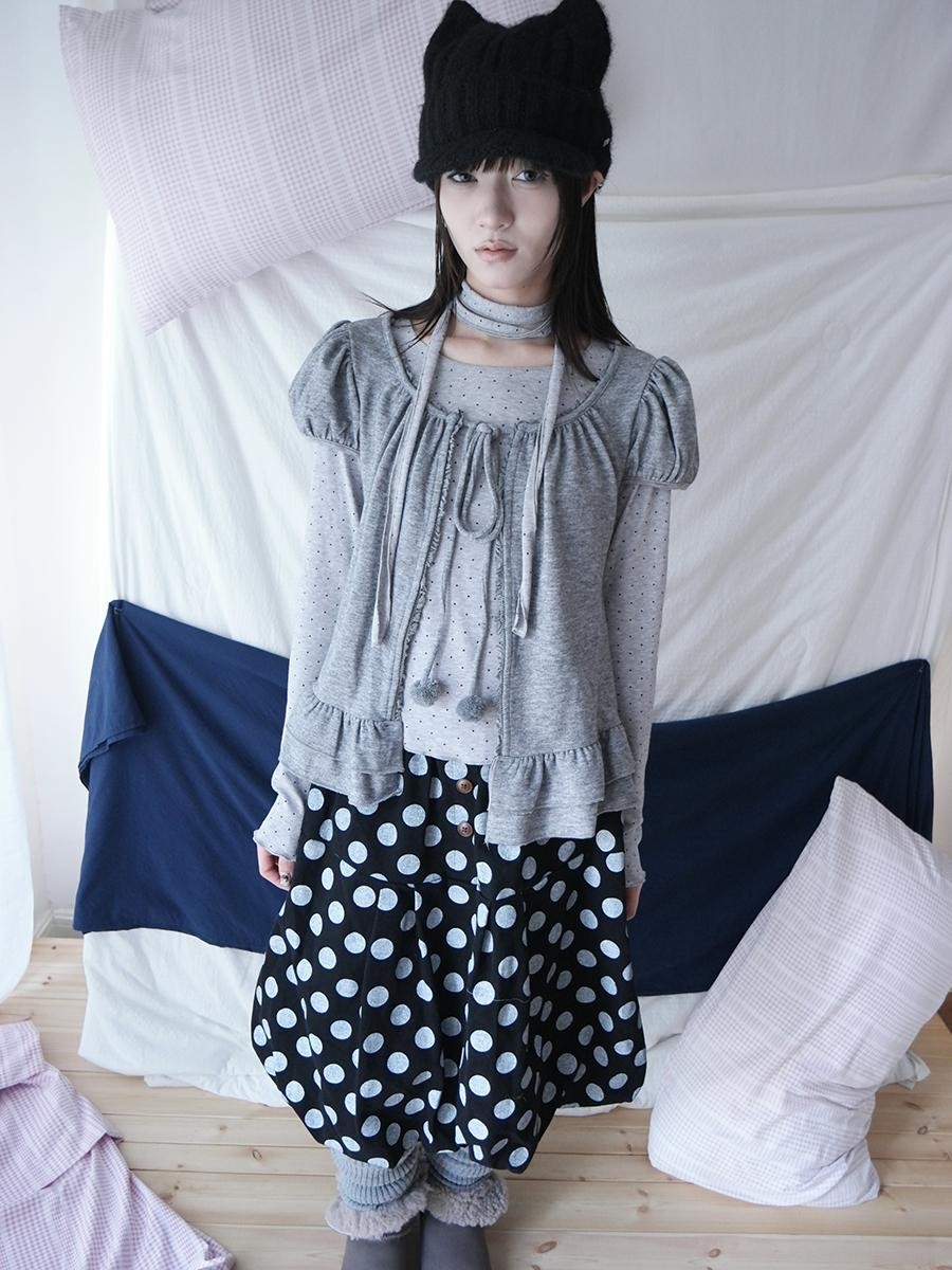 ang project Polka Dot Ruffle Tie Puff Sleeve Round Neck Women&