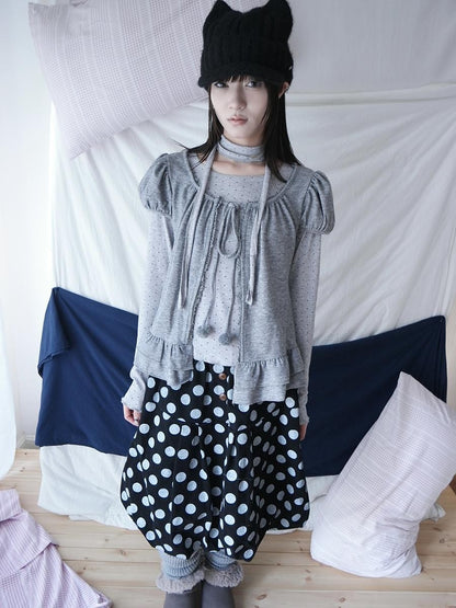 ang project Polka Dot Ruffle Tie Puff Sleeve Round Neck Women&