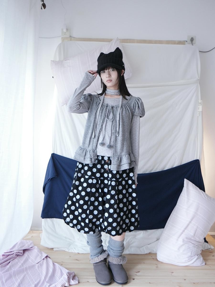 ang project Polka Dot Ruffle Tie Puff Sleeve Round Neck Women&