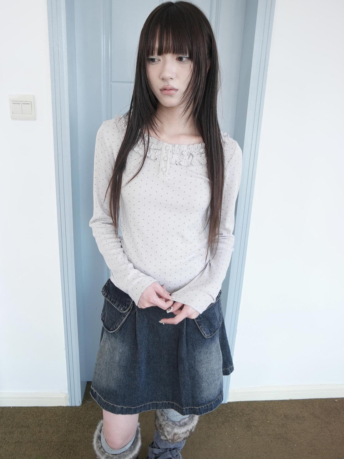 ang project Polka Dot Ruffle Trim Button Front Slim Fit Korean Women&