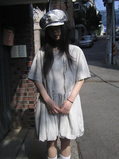 Polka Dot Summer Shift Dress with Puff Sleeves