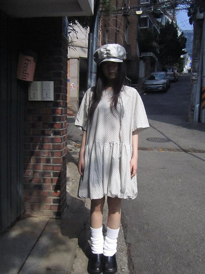 Polka Dot Summer Shift Dress with Puff Sleeves