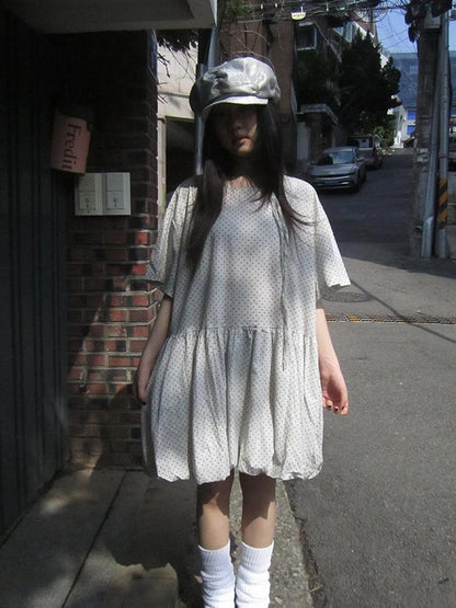 Polka Dot Summer Shift Dress with Puff Sleeves