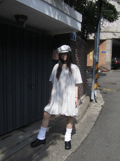 Polka Dot Summer Shift Dress with Puff Sleeves