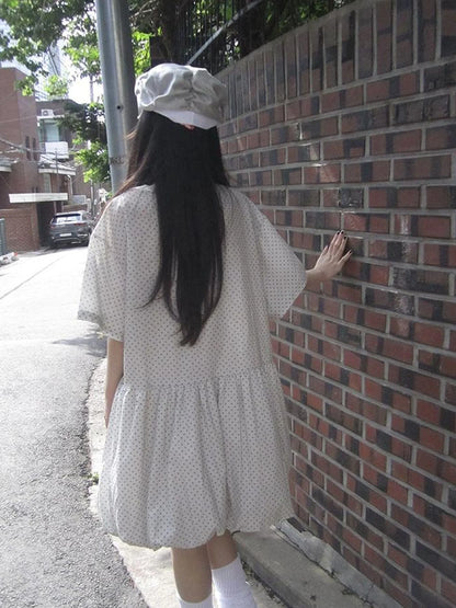 Polka Dot Summer Shift Dress with Puff Sleeves