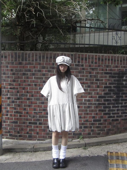 Polka Dot Summer Shift Dress with Puff Sleeves