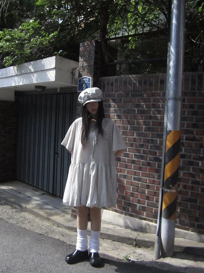 Polka Dot Summer Shift Dress with Puff Sleeves