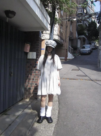 Polka Dot Summer Shift Dress with Puff Sleeves