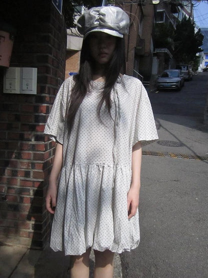 Polka Dot Summer Shift Dress with Puff Sleeves