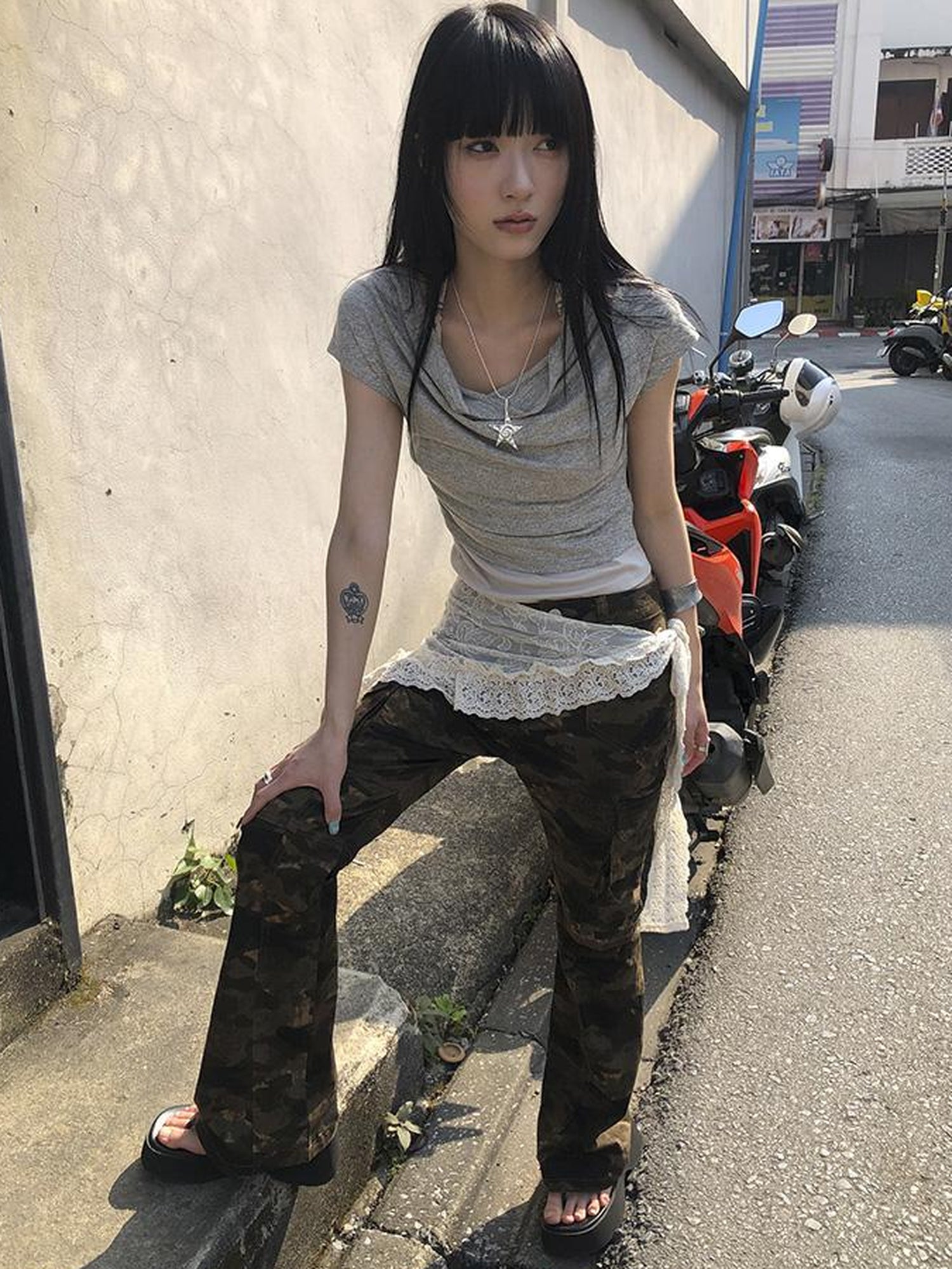 Updateang project Post Apocalyptic Stacked Collar Layered Tie Detail Stretch Slim Tee