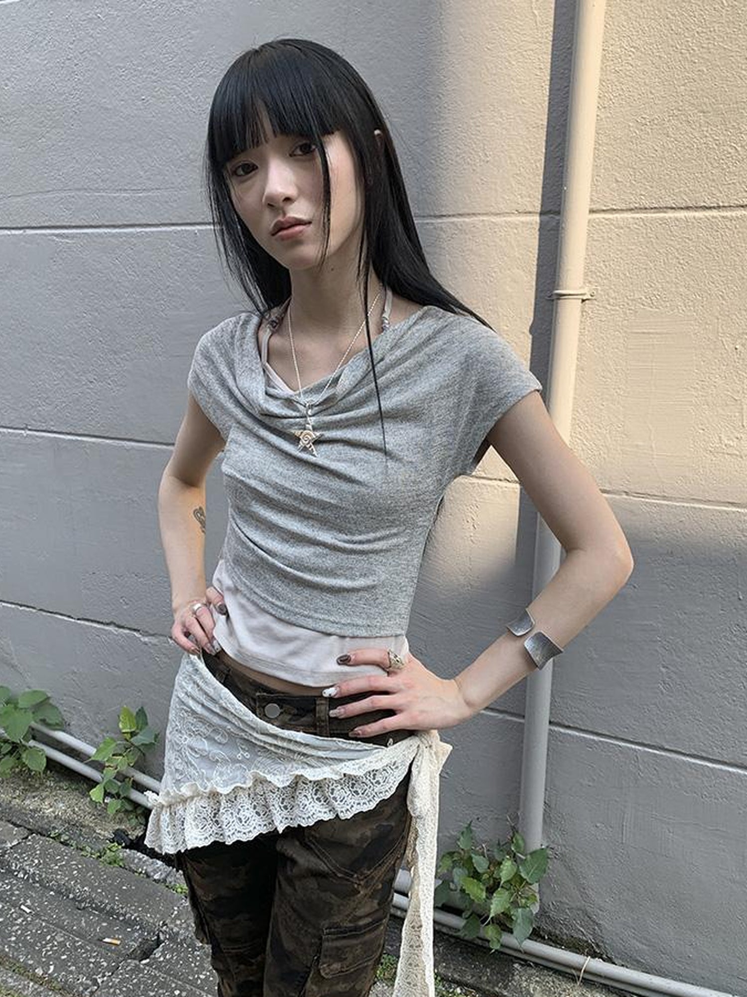 Updateang project Post Apocalyptic Stacked Collar Layered Tie Detail Stretch Slim Tee