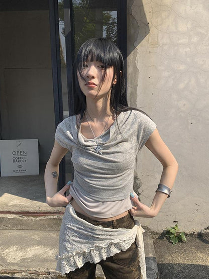 Updateang project Post Apocalyptic Stacked Collar Layered Tie Detail Stretch Slim Tee