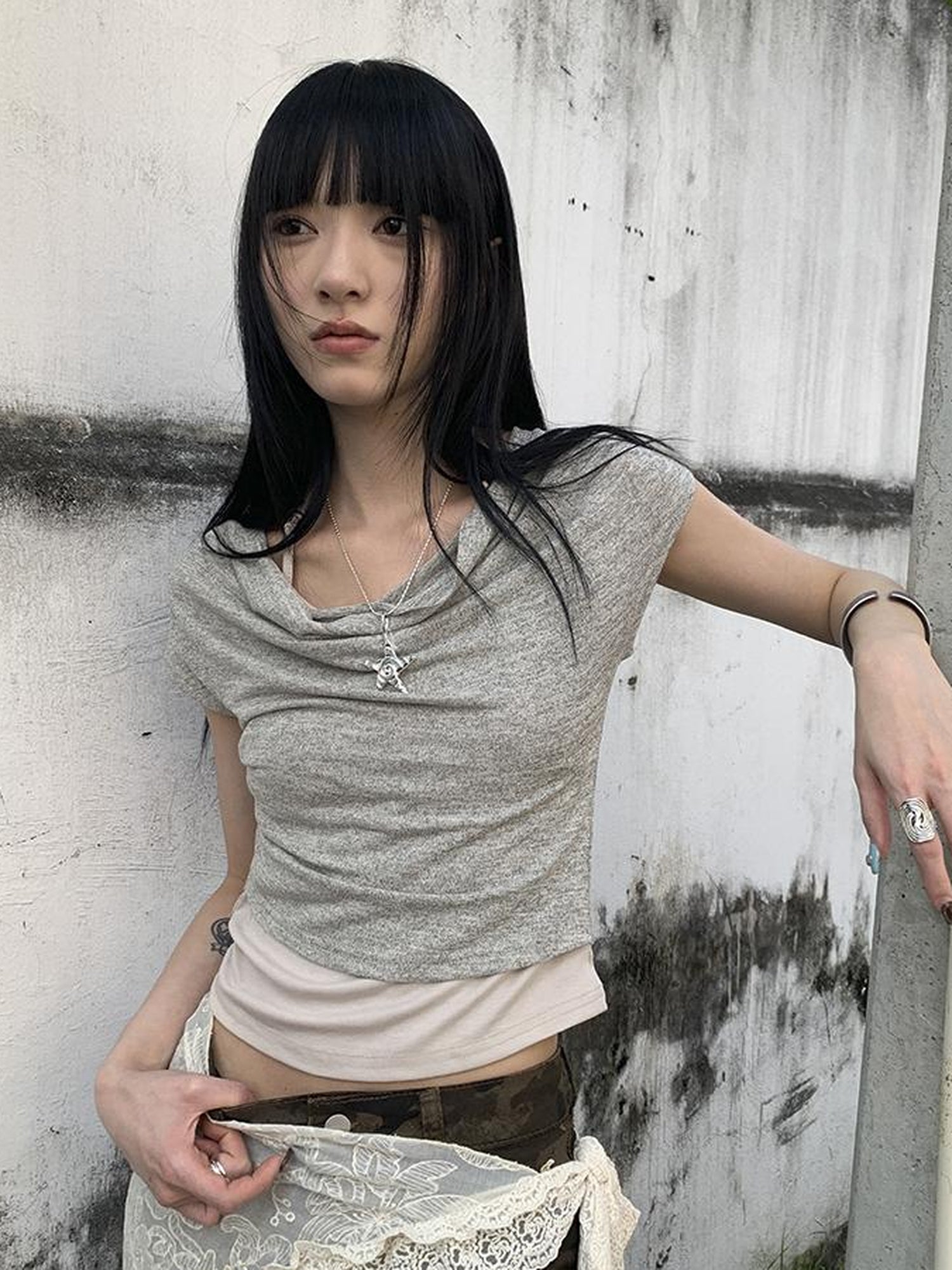 Updateang project Post Apocalyptic Stacked Collar Layered Tie Detail Stretch Slim Tee