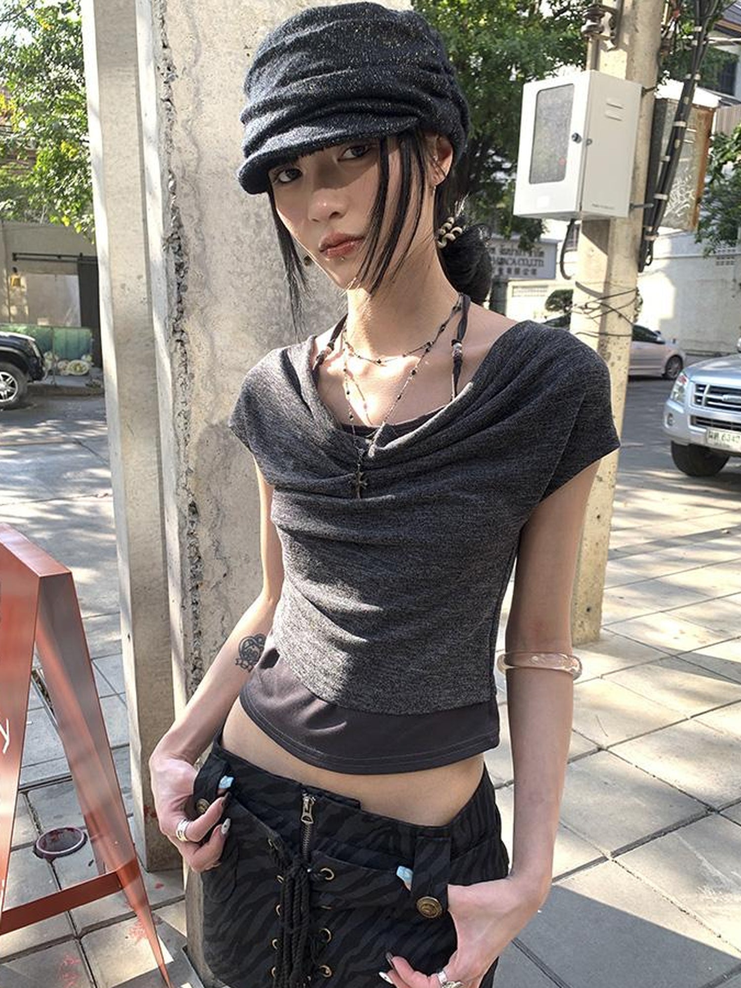 Updateang project Post Apocalyptic Stacked Collar Layered Tie Detail Stretch Slim Tee
