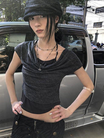 Updateang project Post Apocalyptic Stacked Collar Layered Tie Detail Stretch Slim Tee
