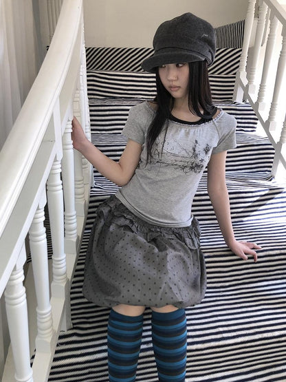 ang project Printed Faux Two Piece Colorblock Halter Tie Slim Short Sleeve Women&