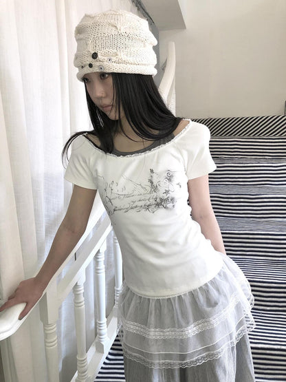 ang project Printed Faux Two Piece Colorblock Halter Tie Slim Short Sleeve Women&
