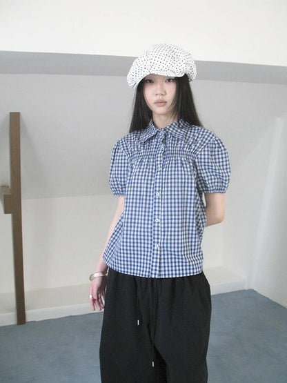 Puff Sleeve Plaid Short Sleeve Shirt
