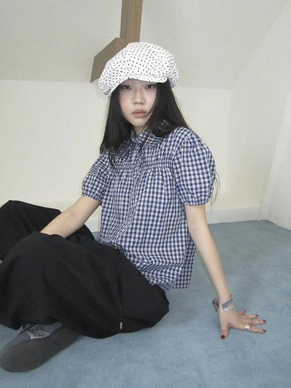 Puff Sleeve Plaid Short Sleeve Shirt
