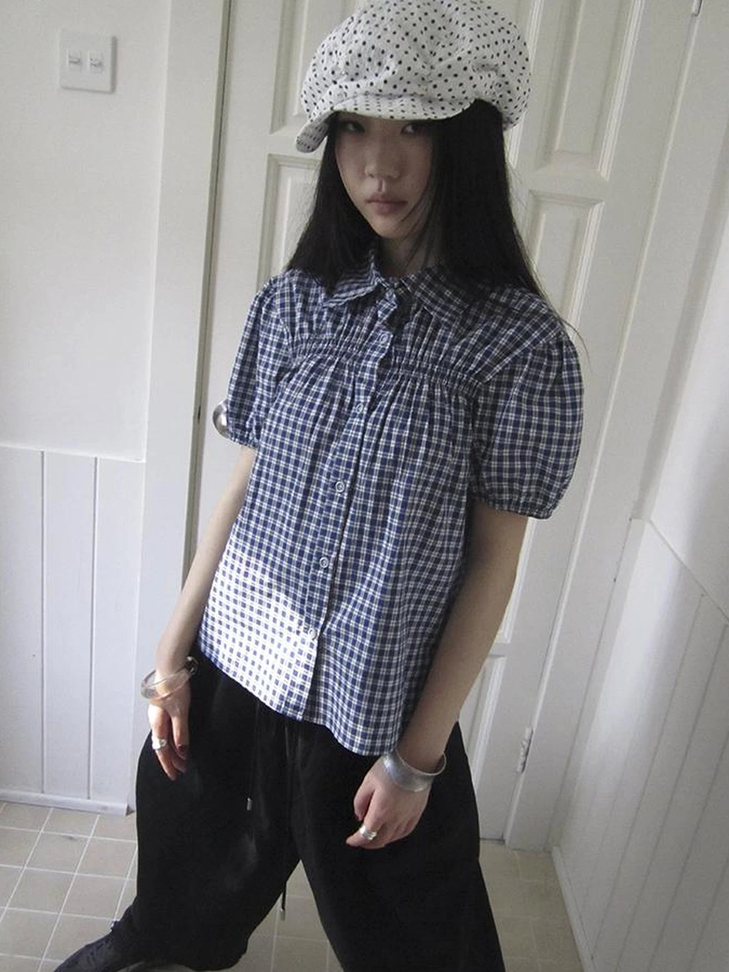Puff Sleeve Plaid Short Sleeve Shirt