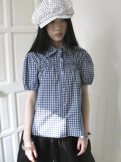 Puff Sleeve Plaid Short Sleeve Shirt