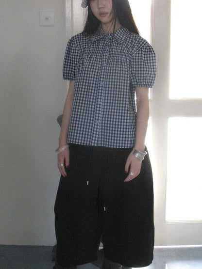 Puff Sleeve Plaid Short Sleeve Shirt