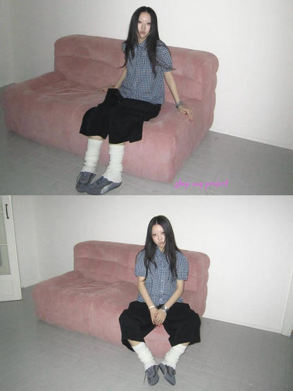 Puff Sleeve Plaid Short Sleeve Shirt