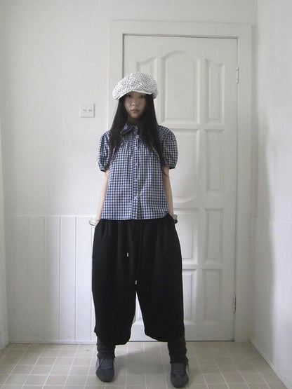 Puff Sleeve Plaid Short Sleeve Shirt